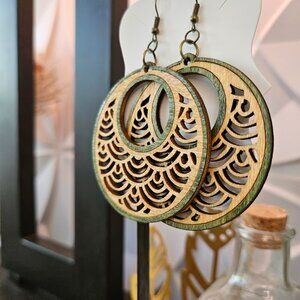 Oversized Lightweight Green and Natural Wood Dangle Earrings- Handcrafted